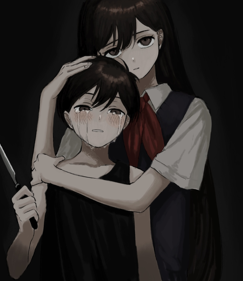 1boy 1girl antenna_hair black_background black_eyes black_hair black_tank_top blush brother_and_sister collared_shirt colored_skin crying crying_with_eyes_open hair_between_eyes hand_on_another's_head hand_on_another's_shoulder highres holding holding_knife knife long_hair looking_up mari_(headspace)_(omori) mari_(omori) neckerchief omori omori_(omori) parted_lips purple_sweater_vest red_neckerchief renshu_usodayo shirt short_hair short_sleeves siblings simple_background sleeveless sleeveless_shirt sweater_vest tank_top tears white_shirt white_skin