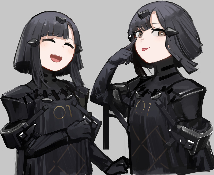1girl anna_(girls'_frontline) black_dress black_hair brown_eyes closed_eyes dress girls_frontline hair_ornament highres multiple_views nyto_(girls'_frontline) open_mouth rampart1028 short_hair smile teeth tongue tongue_out upper_body upper_teeth_only