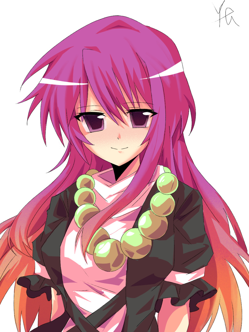 1girl bead_necklace beads black_jacket breasts chinese_commentary closed_mouth commentary_request frilled_sleeves frills gradient_hair highres hijiri_byakuren jacket jewelry long_hair looking_at_viewer medium_breasts medium_hair multicolored_hair necklace open_clothes open_jacket orange_hair pink_hair puffy_short_sleeves puffy_sleeves shirt short_sleeves signature simple_background smile solo touhou violet_eyes white_background white_shirt yuan_(yuan068533)