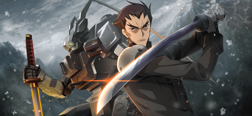 1boy armor arms_up artist_request brown_hair burai_(code_geass) burai_kai buttons closed_mouth clouds cloudy_sky code_geass code_geass:_lost_stories day dutch_angle embers fighting_stance forehead forked_eyebrows furrowed_brow game_cg glint gloves green_jacket grey_background grey_eyes grey_gloves grey_sky highres holding holding_sword holding_weapon jacket katana long_sleeves looking_at_viewer male_focus mecha military_uniform mountain non-web_source official_art outdoors pocket robot short_hair shoulder_armor sky snowing solo standing sword toudou_kyoushirou two-handed underlighting uniform upper_body v-shaped_eyebrows weapon