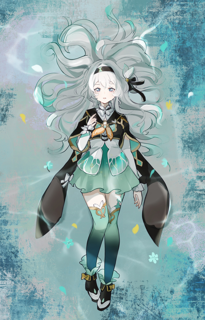 1girl absurdres arm_at_side black_cape black_footwear black_hairband black_jacket black_ribbon blue_eyes blush boots bow cape collared_shirt cropped_jacket firefly_(honkai:_star_rail) from_above full_body green_skirt green_thighhighs grey_hair hair_between_eyes hair_bow hair_intakes hair_ribbon hair_spread_out hairband hand_on_own_chest highres honkai:_star_rail honkai_(series) jacket knees_together_feet_apart long_hair long_sleeves looking_at_viewer lying miniskirt neckerchief on_back orange_neckerchief orra parted_lips pink_eyes pleated_skirt ribbon shirt sidelocks skirt solo thigh-highs two-tone_eyes white_bow white_shirt zettai_ryouiki