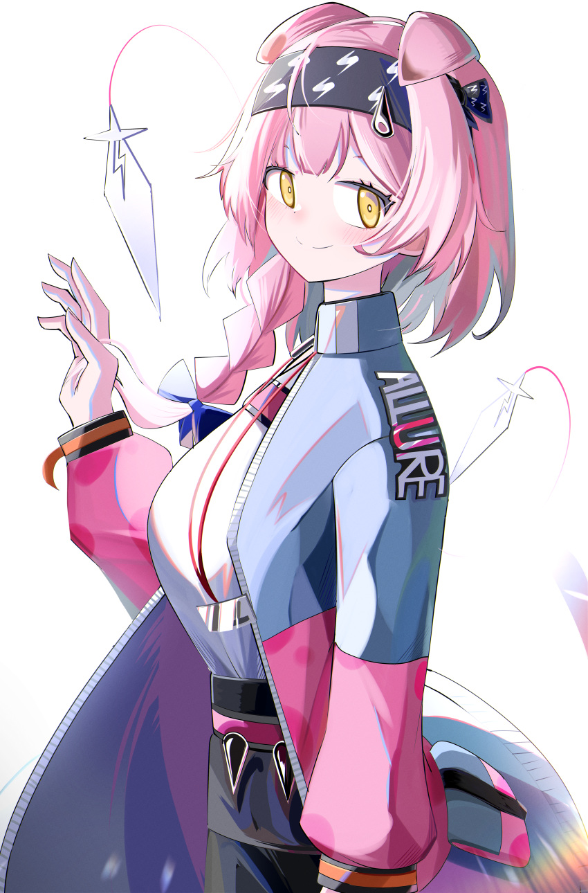 1girl absurdres animal_ears arknights black_hairband black_skirt blue_bow blush bow braid breasts cat_ears cat_girl cat_tail closed_mouth from_side goldenglow_(arknights) grey_jacket hair_bow hair_over_shoulder hairband hand_up highres jacket lightning_bolt_print long_sleeves looking_at_viewer looking_to_the_side medium_breasts open_clothes open_jacket pink_hair print_hairband puffy_long_sleeves puffy_sleeves shirt simple_background single_braid skirt smile solo spam_(spamham4506) tail white_background white_shirt yellow_eyes