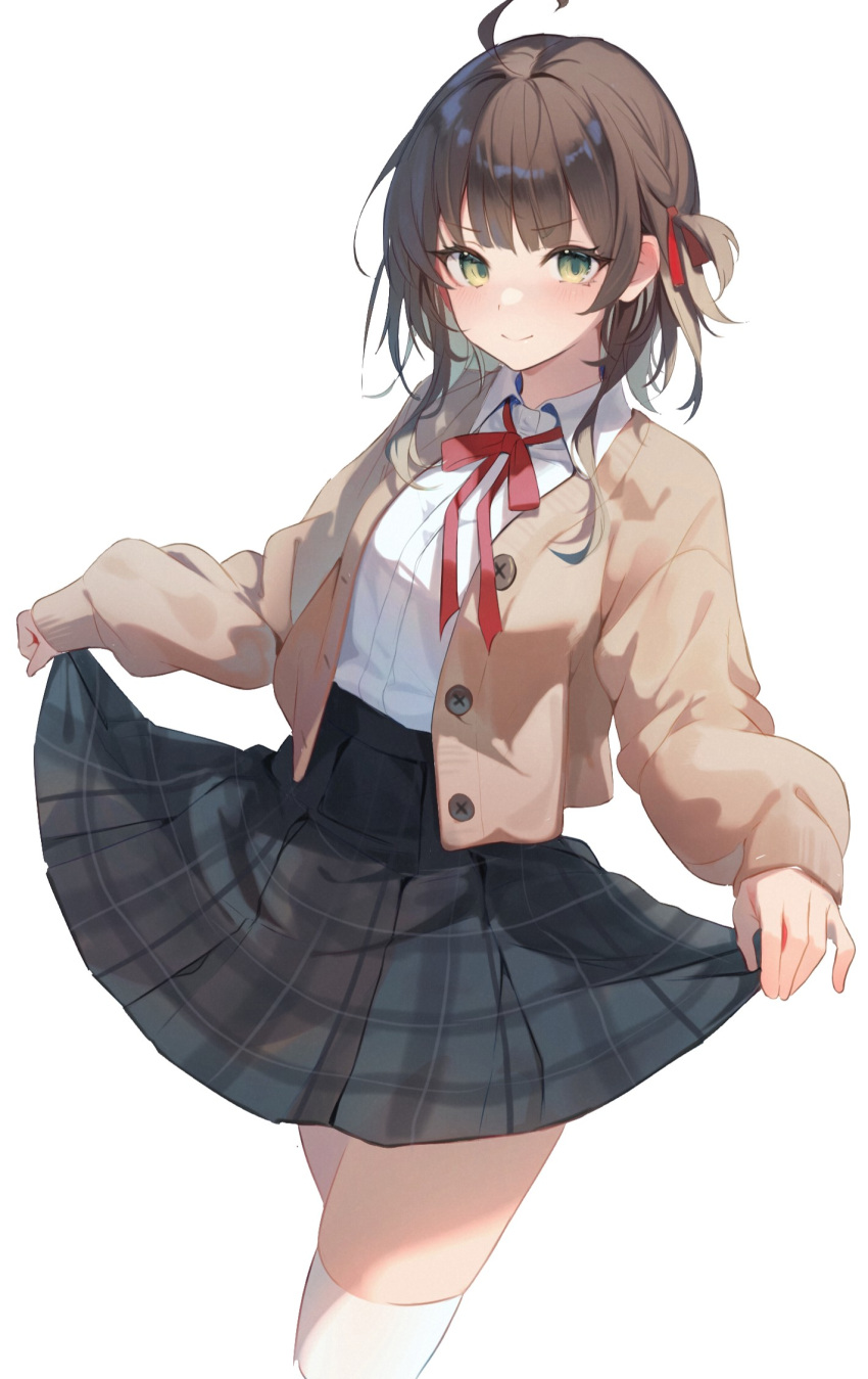 1girl ahoge black_skirt blush breasts brown_cardigan brown_hair cardigan closed_mouth collared_shirt cowboy_shot dot_nose green_eyes hair_ribbon high-waist_skirt highres legs_together long_bangs long_sleeves looking_at_viewer lumo_1121 medium_hair neck_ribbon open_cardigan open_clothes original plaid plaid_skirt pleated_skirt red_ribbon ribbon school_uniform shirt shirt_tucked_in sidelocks simple_background skirt skirt_hold sleeves_past_wrists small_breasts smile solo thigh-highs thighs white_background white_shirt white_thighhighs wing_collar zettai_ryouiki