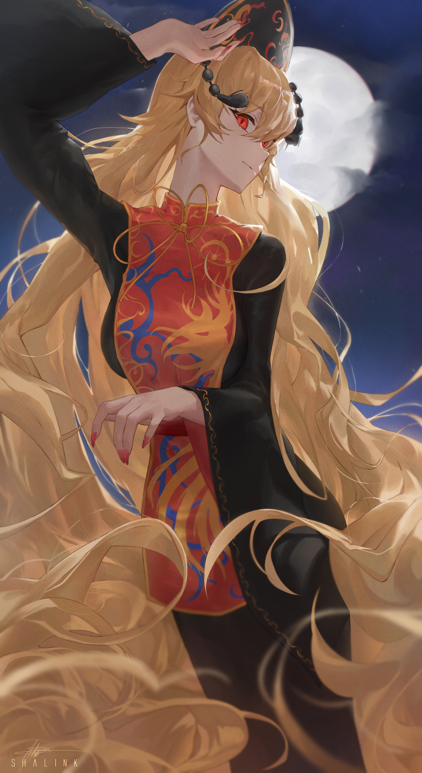 1girl absurdres black_tassel blonde_hair breasts chinese_clothes chinese_knot closed_mouth hair_ornament hand_on_own_head highres junko_(touhou) large_breasts legacy_of_lunatic_kingdom long_hair long_sleeves looking_at_viewer moon night night_sky phoenix_crown red_eyes red_nails shalink sky solo tabard tassel tassel_hair_ornament touhou very_long_hair
