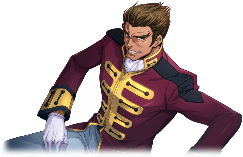 1boy andreas_darlton artist_request ascot brown_hair code_geass code_geass:_lost_stories forked_eyebrows game_cg gloves grey_eyes grin happy highres invisible_chair jacket long_sleeves looking_at_viewer male_focus military_uniform non-web_source official_art pants red_jacket short_hair simple_background sitting smile solo spiky_hair teeth thick_eyebrows transparent_background uniform white_ascot white_gloves white_pants