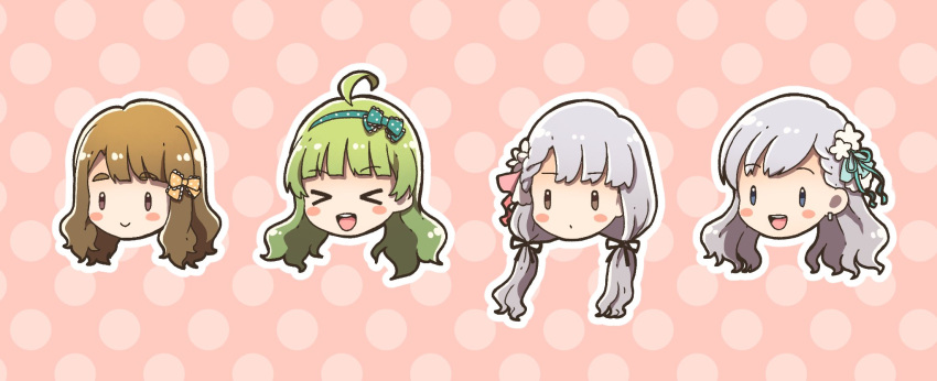 &gt;_&lt; 4girls :o ahoge aqua_bow aqua_hairband black_ribbon blue_bow blue_ribbon blunt_bangs blush_stickers bow braid brown_eyes brown_hair character_request closed_mouth commentary_request ear_piercing earrings flower green_hair grey_eyes hair_bow hair_flower hair_ornament hair_ribbon hairband head_only highres hoop_earrings idolmaster idolmaster_million_live! jewelry lace-trimmed_bow lace_trim long_hair low_twintails multiple_girls open_mouth outline piercing pink_background pink_bow polka_dot polka_dot_background polka_dot_bow polka_dot_hairband ribbon shimabara_elena shiraishi_tsumugi side_braid simple_background smile teeth twintails upper_teeth_only white_flower white_hair white_outline witoi_(roa) yellow_bow
