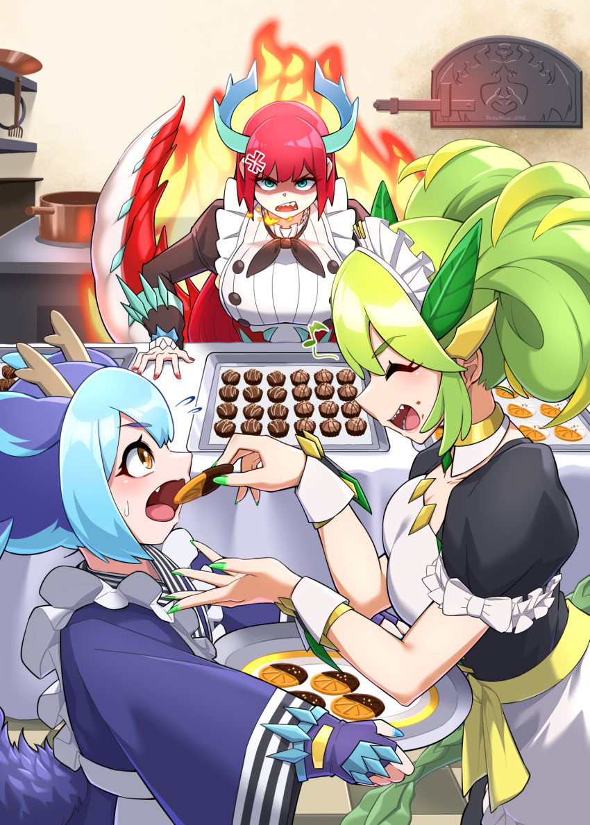 3girls anger_vein angry apron baking_sheet blue_hair brick_oven buttons chocolate cookie double-breasted dragon_girl dragon_horns dragon_tail duel_monster feeding fire food frilled_apron frills green_hair highres holding holding_food horns kitchen_dragonmaid laundry_dragonmaid long_hair multicolored_hair multiple_girls open_mouth oven parlor_dragonmaid redhead tail two-tone_hair yata_masahara yu-gi-oh!