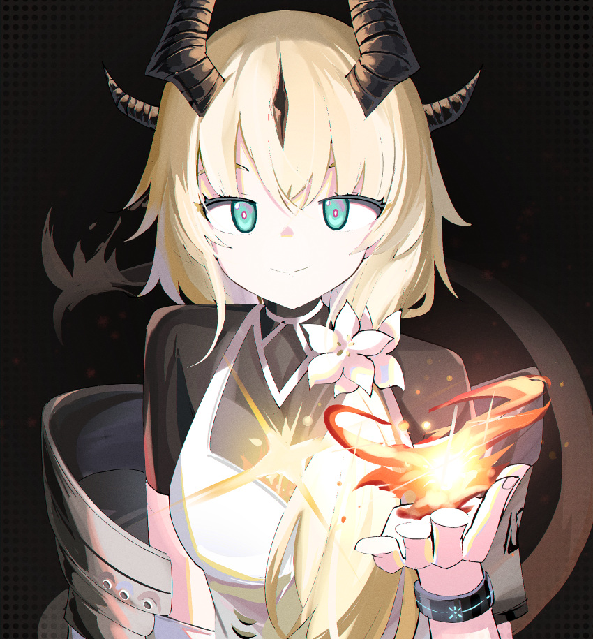 1girl arknights black_shirt blonde_hair blue_eyes breasts closed_mouth dragon_girl dragon_horns dragon_tail dress eyebrows_hidden_by_hair fire flame-tipped_tail flower hair_between_eyes hair_flower hair_ornament hand_up highres horns long_hair looking_at_viewer medium_breasts pyrokinesis reed_(arknights) shirt short_sleeves smile solo spam_(spamham4506) tail upper_body white_dress white_flower