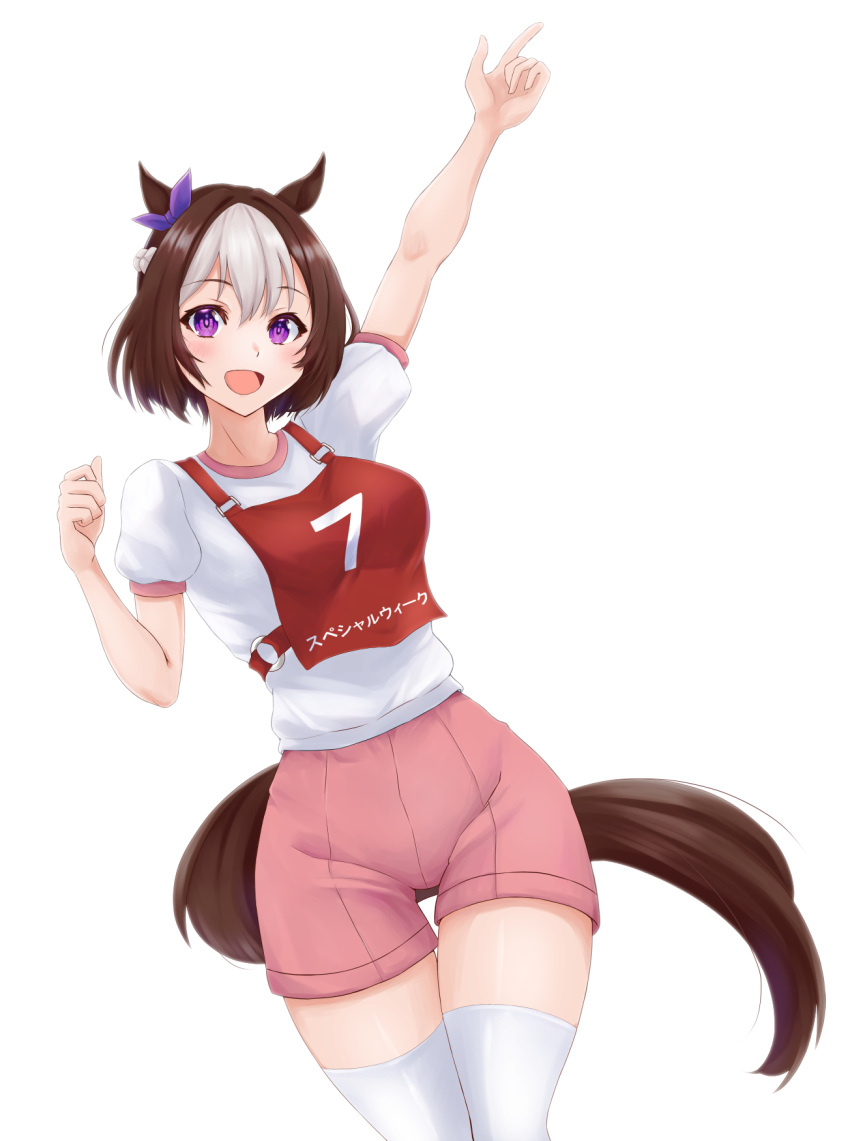 1girl animal_ears arm_up bob_cut braid brown_hair character_name commentary cowboy_shot crown_braid ear_ribbon gym_shirt gym_shorts gym_uniform highres horse_ears horse_girl horse_tail index_finger_raised kemuri_(etep3372) looking_at_viewer multicolored_hair open_mouth pink_shirt race_bib shirt short_hair short_sleeves shorts simple_background smile solo special_week_(umamusume) standing t-shirt tail thigh-highs thigh_gap two-tone_hair umamusume violet_eyes white_background white_hair white_shirt white_thighhighs