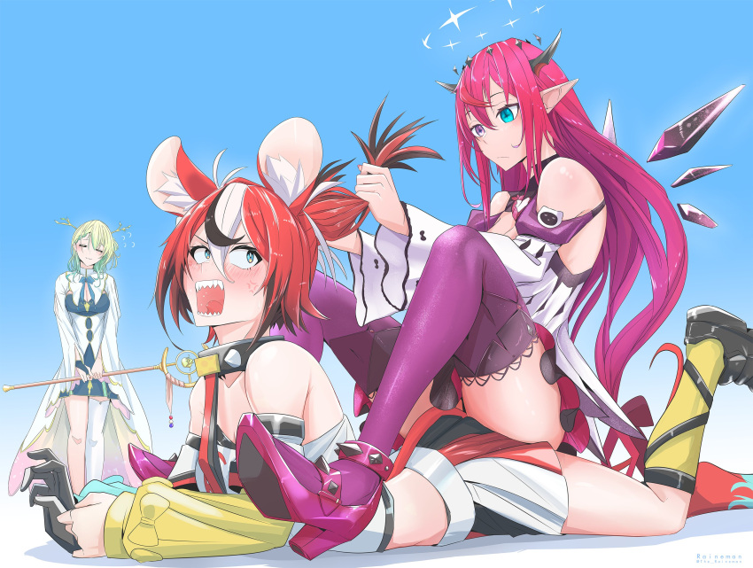 3girls animal_ears blue_eyes ceres_fauna closed_eyes demon_horns grabbing_another's_hair green_eyes hakos_baelz halo heterochromia highres holding holding_staff hololive hololive_english horns irys_(hololive) mouse_ears mouse_tail multiple_girls open_mouth purple_hair sitting sitting_on_person sousou_no_frieren staff tail the_raineman violet_eyes virtual_youtuber wings
