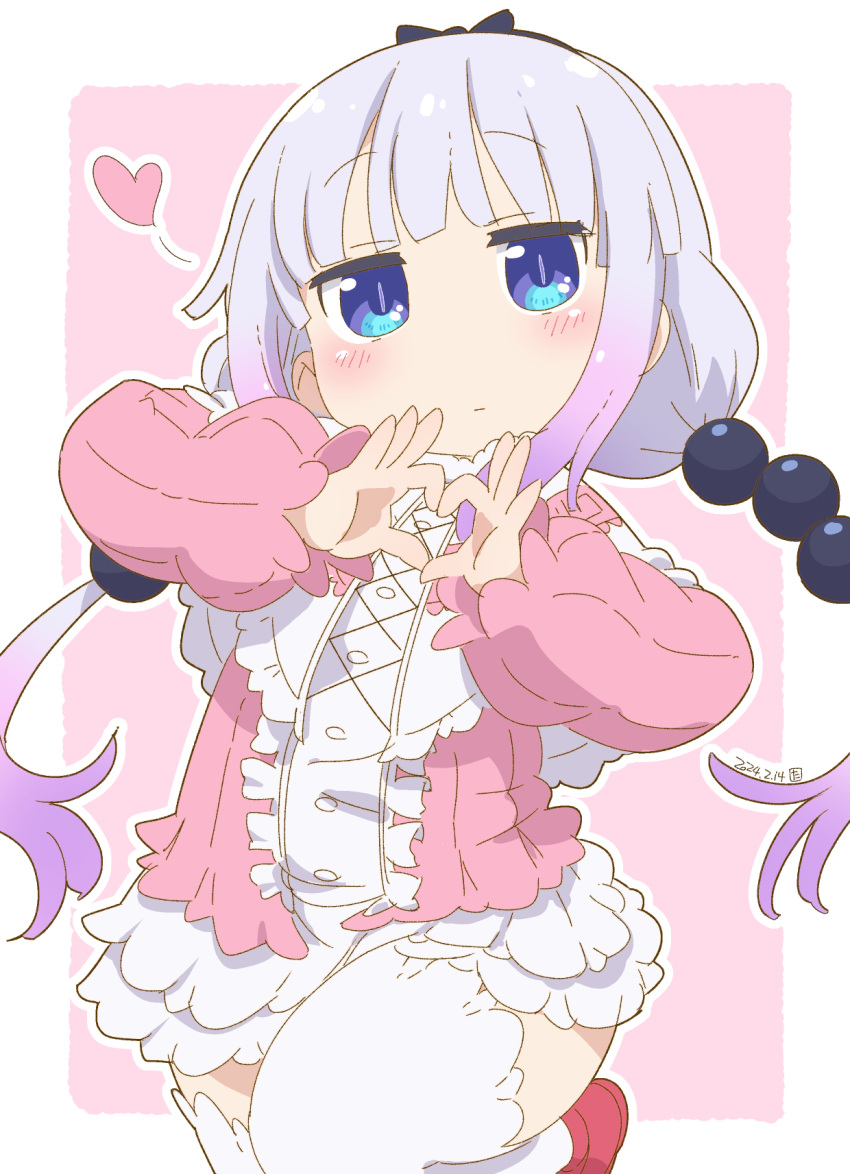 1girl beads blue_eyes blush center_frills closed_mouth commentary_request dated dress frills hair_beads hair_ornament heart heart_hands highres kanna_kamui kobayashi-san_chi_no_maidragon long_sleeves looking_at_viewer low_twintails outline purple_hair red_footwear samansa_ex short_dress slit_pupils solo thigh-highs twintails white_outline white_thighhighs