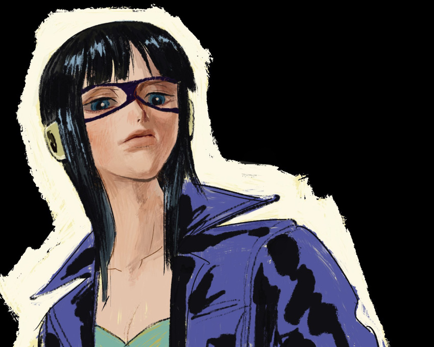 1girl black_background blue_eyes blunt_bangs close-up closed_mouth collared_jacket commentary_request eye_mask highres jacket linerynlasgalen looking_down medium_hair nico_robin one_piece solo upper_body