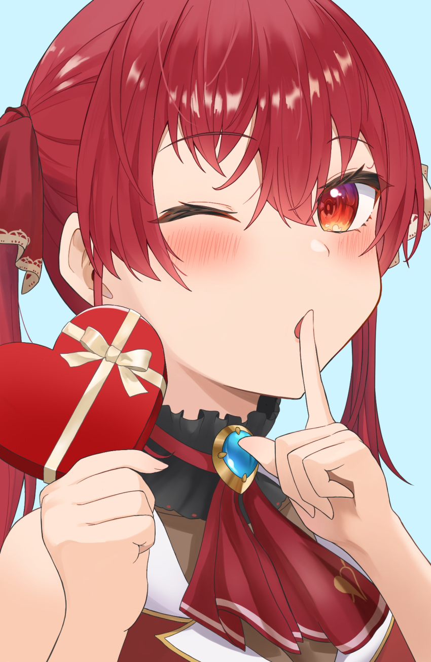 1girl artist_request ascot bare_shoulders blush bow box box_of_chocolates chocolate cropped_jacket finger_to_mouth food hair_bow highres holding holding_chocolate holding_food hololive houshou_marine houshou_marine_(1st_costume) jacket long_hair looking_at_viewer no_eyepatch one_eye_closed red_ascot red_eyes red_jacket redhead ribbon shushing simple_background sleeveless sleeveless_jacket solo sugarillust twintails upper_body valentine virtual_youtuber yellow_bow