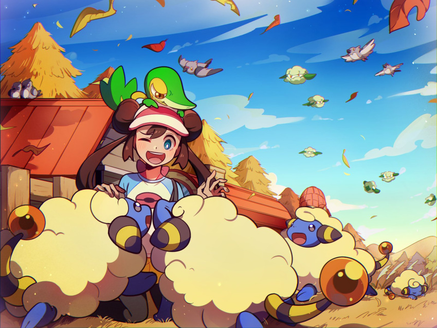 1girl bird blue_eyes blue_sky bright_pupils brown_hair clouds commentary_request cottonee double_bun doughnut_hair_bun fence floating flying hair_bun highres korean_commentary long_hair mareep one_eye_closed open_mouth pidove pokemon pokemon_(creature) pokemon_bw2 rosa_(pokemon) selyg15 sheep sky smile snivy tail teeth upper_teeth_only visor_cap white_pupils wooden_fence wool