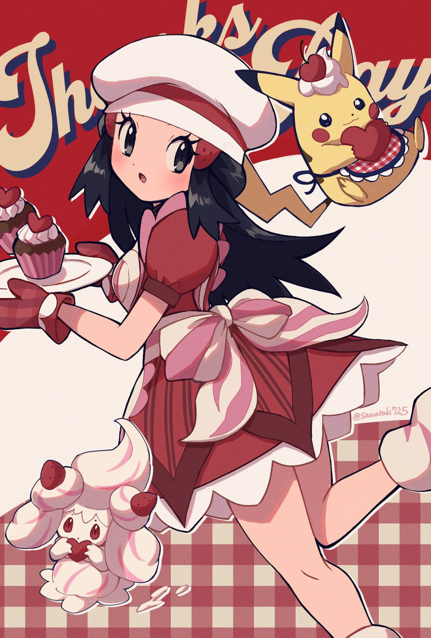 1girl alcremie alcremie_(strawberry_sweet) apron black_hair blush bow chef_hat cherry cupcake dawn_(palentine's_2021)_(pokemon) dress eyelashes food food-themed_hair_ornament fruit grey_eyes hair_ornament hairclip happy_valentine hat heart highres hikari_(pokemon) holding long_hair mittens official_alternate_costume open_mouth oven_mitts pikachu plaid pokemon pokemon_(creature) pokemon_dppt pokemon_masters_ex pokemon_platinum red_dress red_mittens sawarabi_(sawarabi725) short_sleeves sidelocks simple_background strawberry_hair_ornament whipped_cream white_headwear