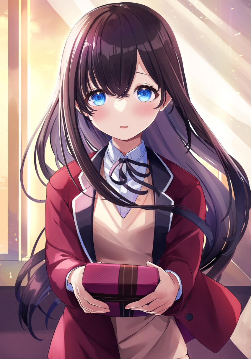 1girl ao_no_neko black_ribbon blue_eyes blush box brown_hair collared_shirt commentary_request curtains dress_shirt gift gift_box hair_between_eyes highres holding holding_gift indoors jacket long_hair looking_at_viewer neck_ribbon open_clothes open_jacket original parted_lips red_jacket ribbon school_uniform shirt solo sunset sweater_vest transparent upper_body valentine very_long_hair white_shirt window