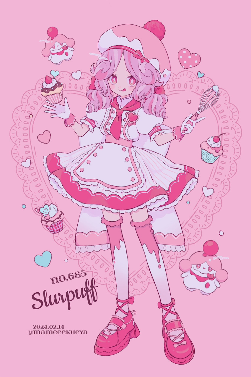 1girl bow commentary_request cupcake dated dress food full_body gloves hat heart highres holding holding_whisk mameeekueya pink_background pink_bow pink_eyes pink_footwear pink_hair pokemon pokemon_(creature) pom_pom_(clothes) slurpuff thigh-highs tongue tongue_out twintails twitter_username whisk