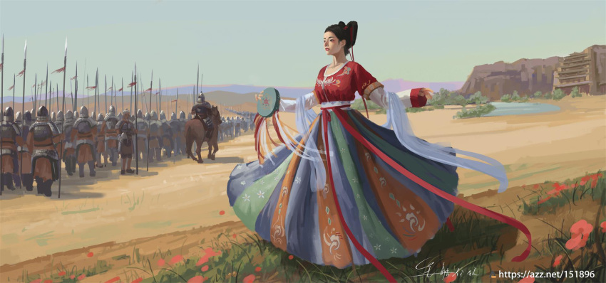 1girl 6+boys armor army chinese_armor chinese_clothes chinese_empire desert drum dunhuang_dance dunhuang_style flower from_behind hair_rings hanfu helmet highres holding holding_polearm holding_weapon horseback_riding instrument lake lamellar_armor long_skirt marching military mogao_caves mountainous_horizon multiple_boys oasis original polearm red_ribbon ribbon riding shawl shouhui_lang_qun skirt solo_focus tang_dynasty walking water weapon
