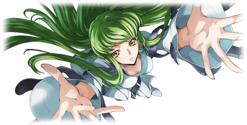1girl arms_up artist_request blurry breasts c.c. code_geass code_geass:_lost_stories collarbone depth_of_field foreshortening from_above full_body game_cg green_hair highres long_hair long_sleeves looking_at_viewer looking_up medium_breasts non-web_source official_art parted_lips reaching reaching_towards_viewer shoes sidelocks simple_background solo spread_fingers straitjacket teeth transparent_background very_long_hair white_footwear wide_sleeves yellow_eyes