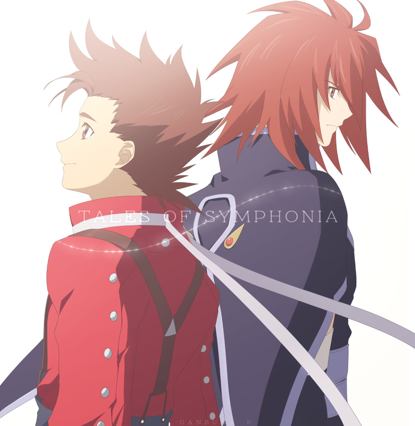 2boys absurdres back-to-back brown_eyes brown_hair cape closed_mouth commentary_request english_text highres kratos_aurion lloyd_irving male_focus multiple_boys purple_clothing red_eyes red_shirt redhead roku_(gansuns) shirt short_hair smile spiky_hair suspenders tales_of_(series) tales_of_symphonia white_background