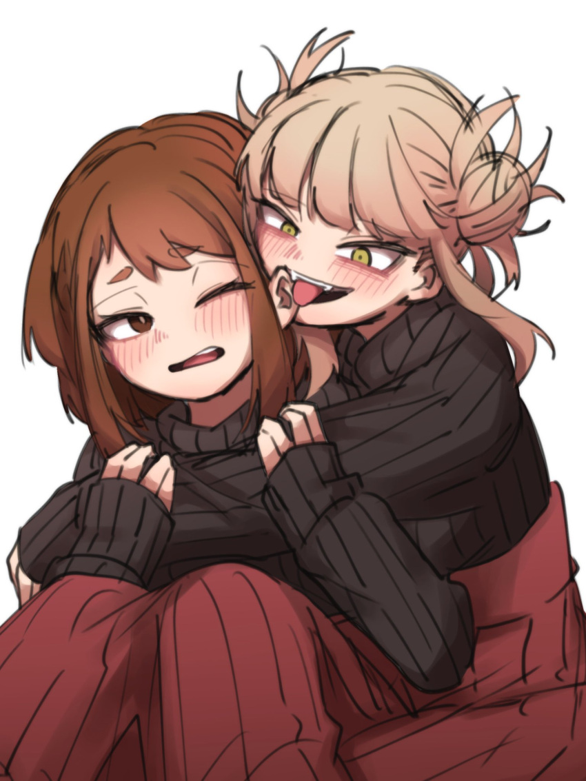 2girls black_sweater blonde_hair blunt_bangs blush boku_no_hero_academia brown_eyes brown_hair double_bun fangs feet_out_of_frame ginjaeru hair_bun highres holding_another's_arm hug knees_up licking licking_ear long_hair long_skirt long_sleeves matching_outfits messy_hair multiple_girls one_eye_closed open_mouth pleated_skirt red_skirt ribbed_sweater simple_background sitting skirt sleeves_past_wrists smile sweater toga_himiko tongue tongue_out turtleneck turtleneck_sweater uraraka_ochako white_background yellow_eyes yuri