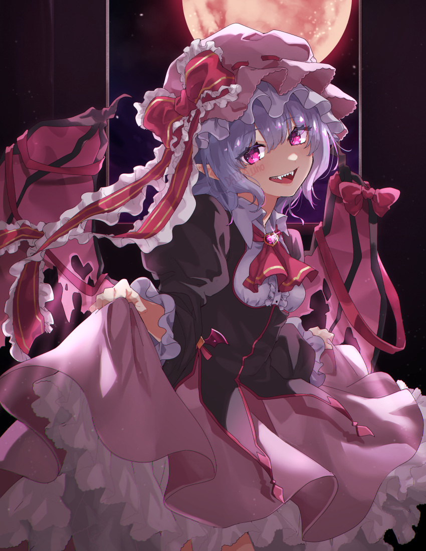 1girl absurdres ascot bat_wings blue_hair bow bowed_wings daiwa_uho frilled_headwear frilled_ribbon frilled_sleeves frills full_moon hat hat_bow highres lifted_by_self looking_at_viewer mob_cap moon night night_sky open_mouth pink_headwear red_ascot red_moon red_ribbon remilia_scarlet ribbon sharp_teeth sky smile solo teeth touhou wings