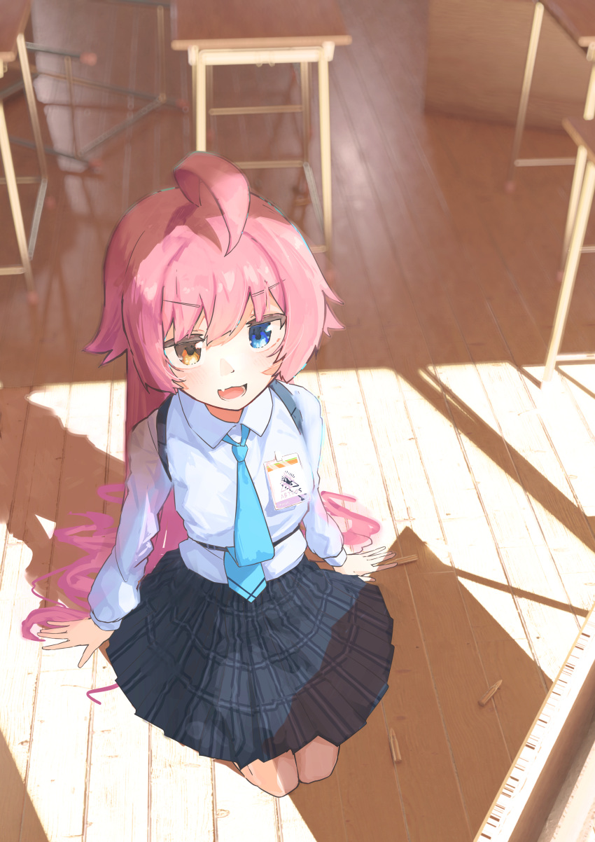 1girl absurdres ahoge black_skirt blue_archive blue_eyes blue_necktie blush chair collared_shirt desk fang floor hair_between_eyes highres hoshino_(blue_archive) indoors kyawawa_1230 long_hair long_sleeves necktie open_mouth pink_hair pleated_skirt school_chair school_desk shirt skin_fang skirt smile solo white_shirt yellow_eyes