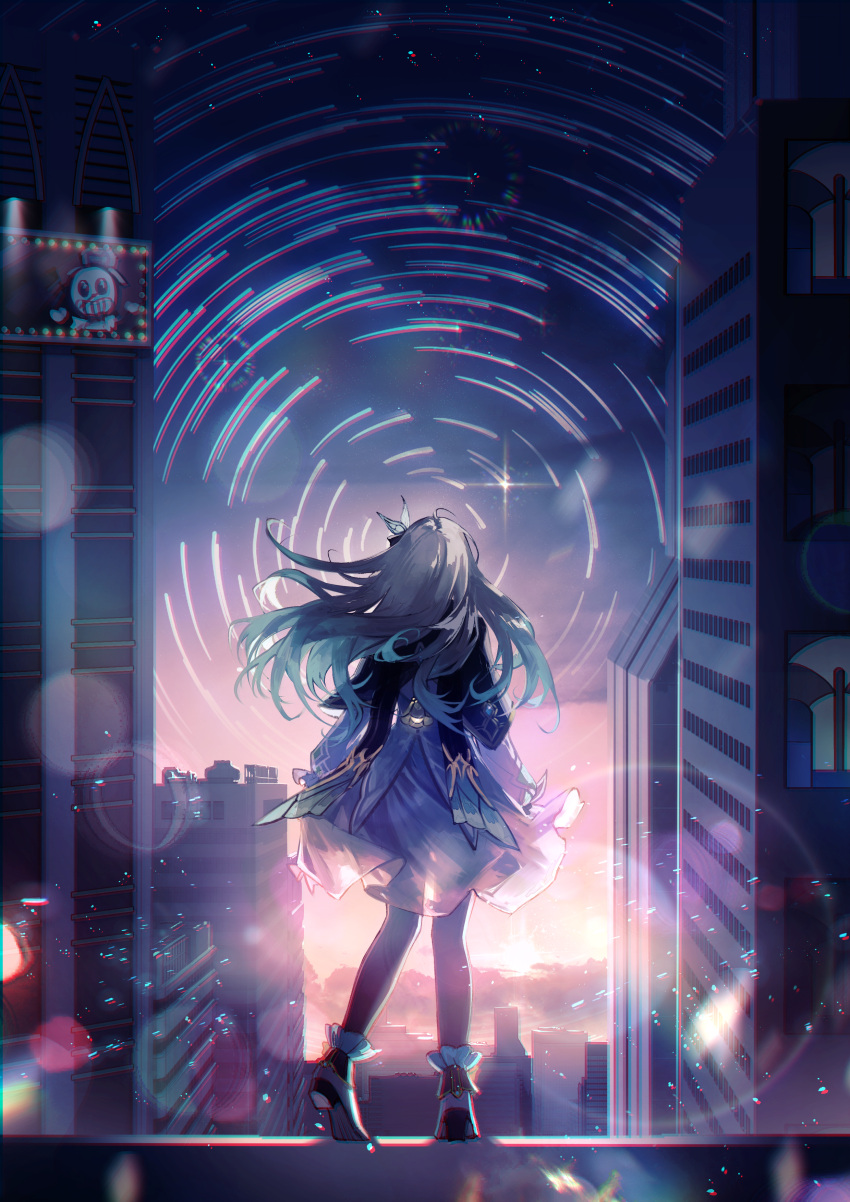 1girl absurdres aqua_hair billboard blue_dress building butterfly_hair_ornament city cityscape clockie_(honkai:_star_rail) dress facing_away firefly_(honkai:_star_rail) floating_hair from_behind gradient_hair gradient_sky grey_hair hair_ornament highres honkai:_star_rail honkai_(series) kleinlight lens_flare lens_flare_abuse light_particles long_hair multicolored_clothes multicolored_dress multicolored_hair on_roof pink_sky short_dress sky skyscraper solo standing star_(sky) star_trail starry_sky wind