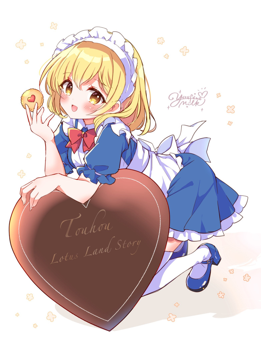1girl :d apron back_bow blonde_hair blue_dress blue_footwear blush bow bowtie candy chocolate cookie dress food frilled_dress frills full_body heart heart-shaped_chocolate highres holding holding_cookie holding_food lotus_land_story maid maid_apron maid_day maid_headdress mary_janes mugetsu_(touhou) puffy_short_sleeves puffy_sleeves red_bow red_bowtie shoes short_sleeves simple_background smile solo thigh-highs touhou touhou_(pc-98) white_apron white_background white_bow white_thighhighs yellow_eyes yurufuwa_milk