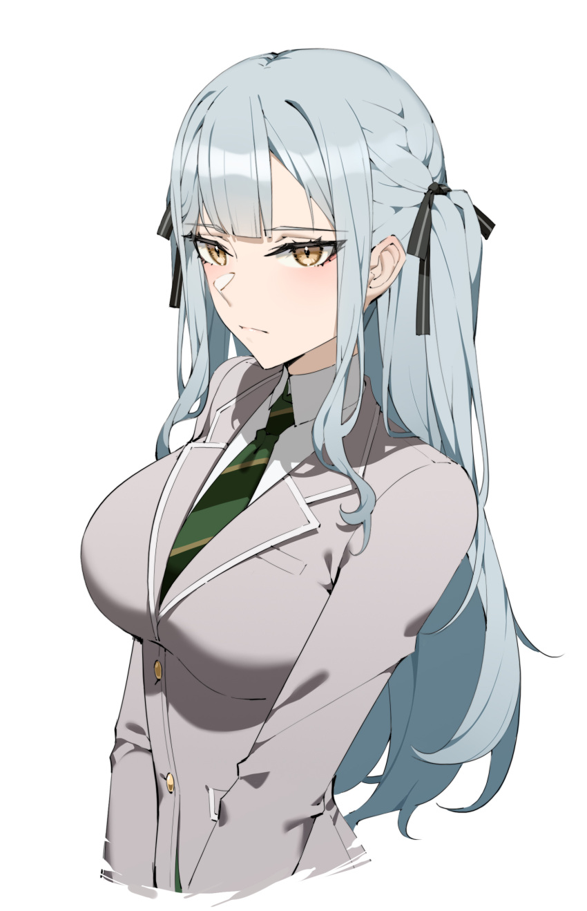 1girl absurdres bang_dream! bang_dream!_it's_mygo!!!!! black_ribbon blazer blunt_bangs braid breast_pocket breasts buttons chinese_commentary closed_mouth collared_shirt commentary_request cropped_arms cropped_torso diagonal-striped_clothes diagonal-striped_necktie expressionless green_necktie grey_hair grey_jacket hair_ribbon haneoka_school_uniform highres jacket large_breasts light_blush long_hair long_sleeves looking_ahead necktie pocket ribbon school_uniform shirt sidelocks solo striped_clothes striped_ribbon togawa_sakiko two_side_up upper_body v_arms wavy_hair white_shirt wsfw yellow_eyes