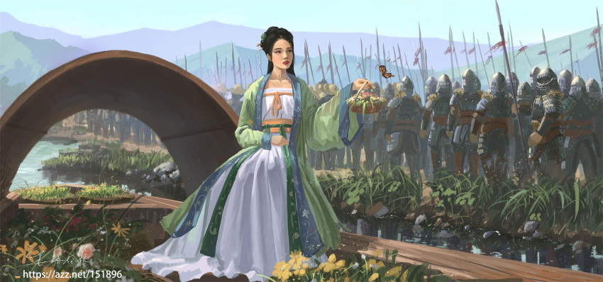 1girl 6+boys armor army basket black_hair boat chinese_armor chinese_clothes chinese_empire coat flower_basket full_armor green_coat hand_on_lap hand_up hanfu helmet highres holding holding_basket holding_polearm holding_weapon lamellar_armor looking_back marching military mountainous_horizon multiple_boys original polearm qixiong_ruqun ribbon river riverbank shouhui_lang_qun sitting song_dynasty watercraft weapon white_hanfu yellow_ribbon