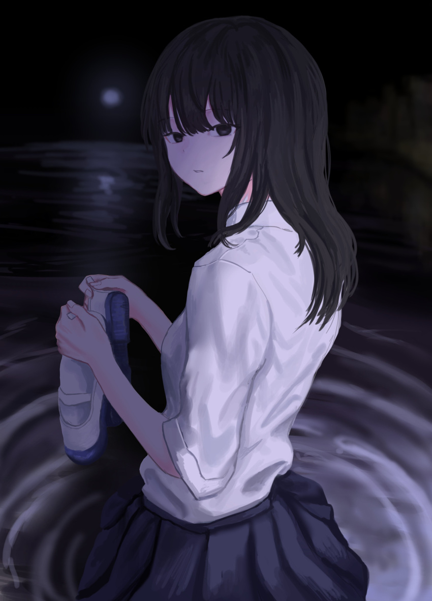 1girl absurdres black_eyes black_hair black_skirt blunt_bangs cowboy_shot dot_nose expressionless from_side full_moon highres holding holding_shoes in_water kyano_(kyanora3141) long_hair moon night night_sky open_mouth original pleated_skirt ripples school_uniform shirt shoes sidelocks skirt sky solo teeth wading water white_footwear white_shirt
