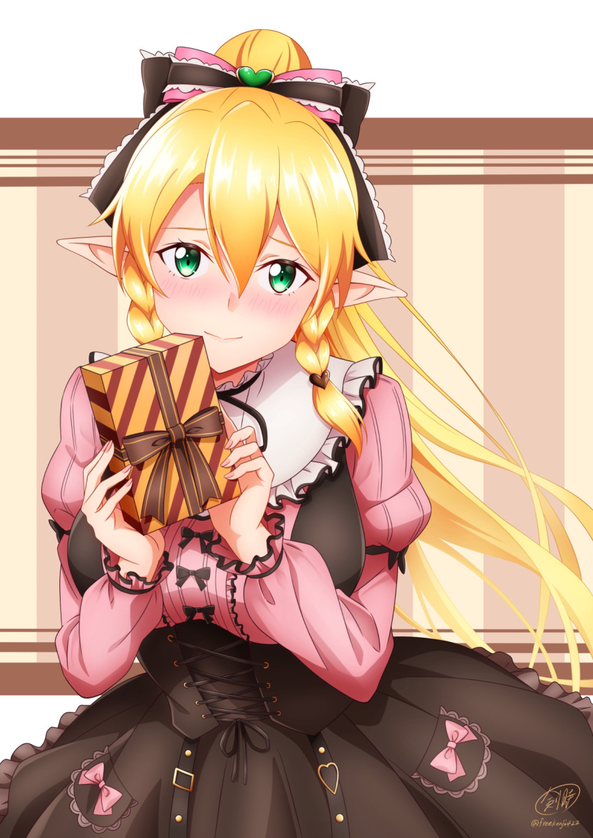 1girl blonde_hair blush box chocolate closed_mouth dress gift green_eyes hair_between_eyes heart-shaped_box highres holding holding_gift ken-ji leafa long_hair long_sleeves pink_dress pointy_ears ponytail smile solo sword_art_online upper_body valentine very_long_hair