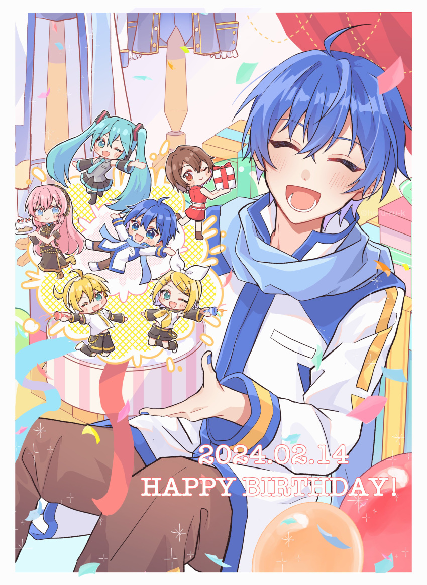 2boys 4girls absurdres aqua_eyes aqua_hair balloon birthday blonde_hair blue_eyes blue_hair blue_nails blue_scarf blush brown_hair cake chibi chibi_inset closed_eyes commentary_request confetti dated english_text food fruit gift hair_ornament happy_birthday haru_(ru_k) highres holding holding_gift holding_party_popper jacket kagamine_len kaito_(vocaloid) long_hair male_focus meiko_(vocaloid) multiple_boys multiple_girls nail_polish necktie one_eye_closed open_mouth party_popper pink_hair scarf shirt short_hair skirt smile strawberry thigh-highs twintails very_long_hair vocaloid