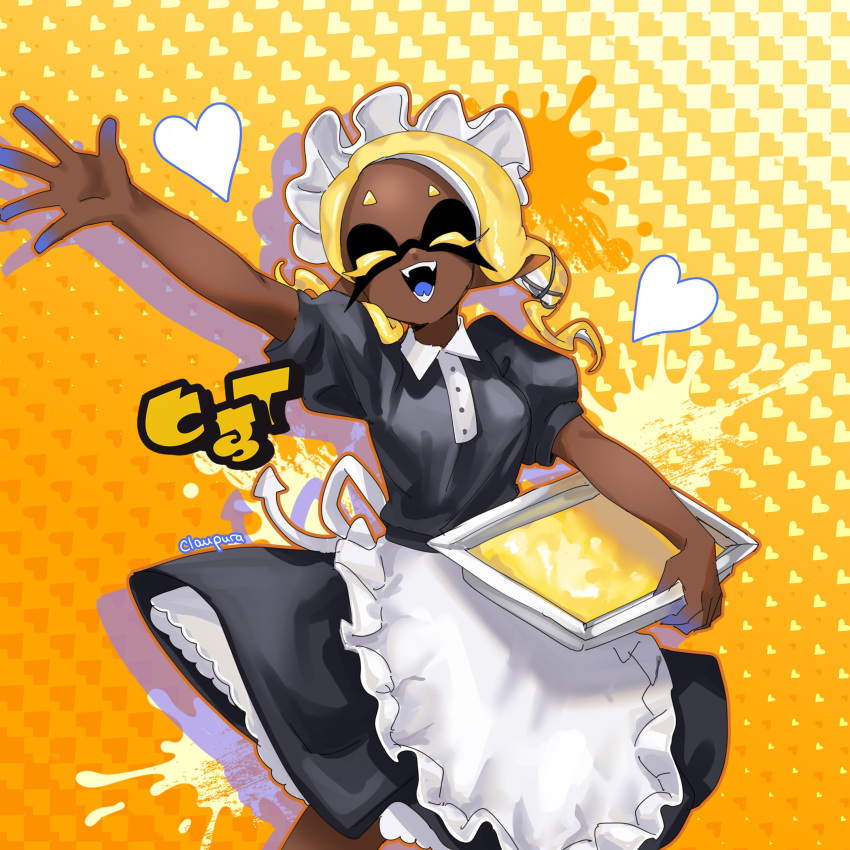 1girl absurdres apron artist_name black_dress blonde_hair closed_eyes colored_eyelashes commentary commentary_request dark-skinned_female dark_skin dress english_commentary frye_(splatoon) heart heart_background highres inkling_(language) maid maid_apron maid_headdress medium_hair mixed-language_commentary norishiitsu open_mouth smile solo splatoon_(series) splatoon_3 standing teeth twitter_username yellow_background