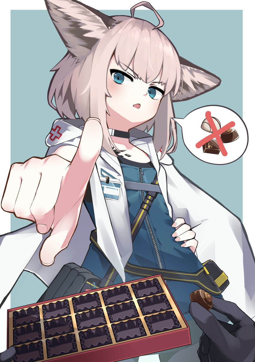 1girl 1other absurdres ahoge animal_ears arknights black_choker blue_eyes blue_vest blush box box_of_chocolates choker coat commentary_request doctor_(arknights) fingernails flat_chest food fox_ears fox_girl hand_on_own_hip highres holding holding_food hood hood_down looking_at_viewer medium_hair open_mouth oripathy_lesion_(arknights) pink_hair pointing pointing_at_viewer sky_kirsche speech_bubble spoken_object sussurro_(arknights) valentine vest white_coat