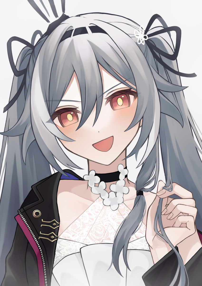 1girl absurdres alternate_hairstyle black_choker black_jacket black_ribbon blush breasts choker fu_hua fu_hua_(herrscher_of_sentience) fu_hua_(turn_up_the_music!)_(herrscher_of_sentience) grey_background grey_hair hair_between_eyes highres honkai_(series) honkai_impact_3rd jacket kubikori long_hair looking_at_viewer multicolored_hair official_alternate_costume open_clothes open_jacket open_mouth red_eyes ribbon shirt simple_background single_bare_shoulder single_off_shoulder sleeveless sleeveless_shirt small_breasts solo streaked_hair twintails white_hair white_shirt yellow_pupils