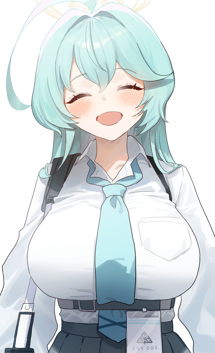 1girl absurdres ahoge aqua_hair aqua_necktie blue_archive blush breast_pocket breasts chest_harness closed_eyes collared_shirt commentary_request facing_viewer hair_intakes halo harness highres huge_ahoge huge_breasts id_card long_hair necktie nonoa open_mouth pocket school_uniform shirt simple_background smile solo upper_body white_background white_shirt yellow_halo yume_(blue_archive)
