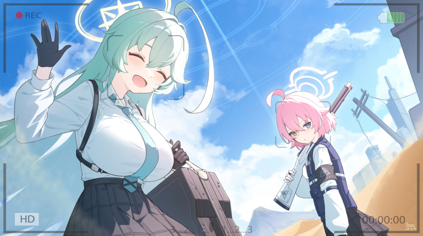 2girls absurdres ahoge battery_indicator black_skirt black_vest blue_archive blue_eyes blue_necktie blush breasts chiyo_akira closed_mouth collared_shirt day desert flat_chest green_hair hair_between_eyes halo heterochromia highres hoshino_(blue_archive) hoshino_(young)_(blue_archive) huge_ahoge large_breasts long_hair long_sleeves multiple_girls necktie open_mouth outdoors pink_hair pink_halo pleated_skirt recording shirt short_hair skirt smile vest white_shirt yellow_eyes yellow_halo yume_(blue_archive)