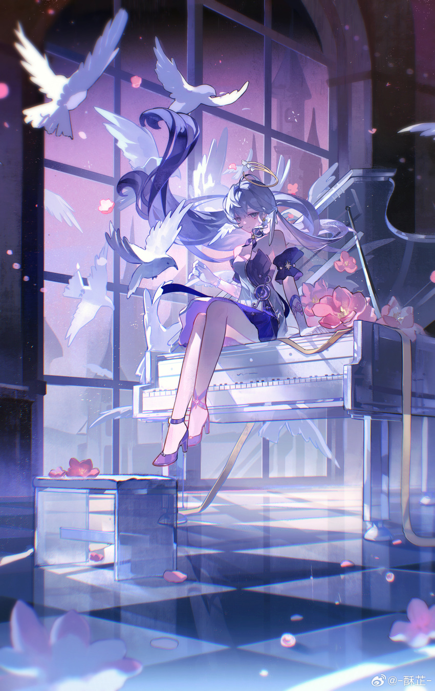 1girl absurdres bird blue_dress blue_eyes blue_footwear checkered_floor closed_mouth commentary_request detached_sleeves dove dress floating_hair frilled_sleeves frills glass grand_piano head_wings highres honkai:_star_rail honkai_(series) instrument looking_at_viewer piano robin_(honkai:_star_rail) shoes sitting sitting_on_piano smile solo stool strapless strapless_dress su_zhi wings