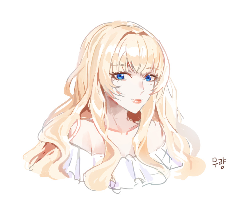 1girl blonde_hair blue_eyes closed_mouth copyright_name copyright_request dress highres long_hair looking_at_viewer lumeru_33 off-shoulder_dress off_shoulder signature simple_background sketch smile solo white_background white_dress