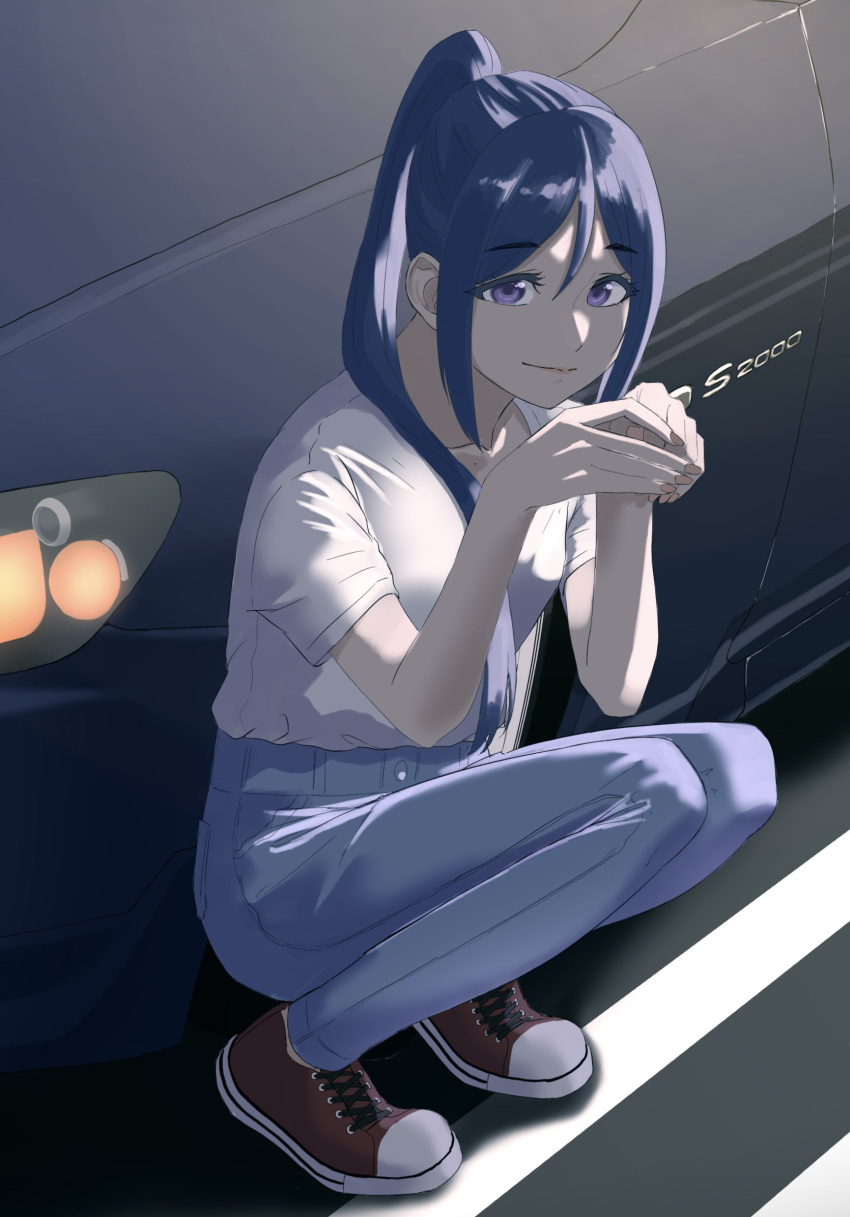 1girl blue_hair blue_pants car closed_mouth collarbone commentary commentary_request highres honda honda_s2000 long_hair looking_at_viewer love_live! love_live!_sunshine!! matsuura_kanan motor_vehicle pants ponytail red_footwear s_sho_mkrn shirt shoes short_sleeves sidelocks solo squatting violet_eyes white_shirt