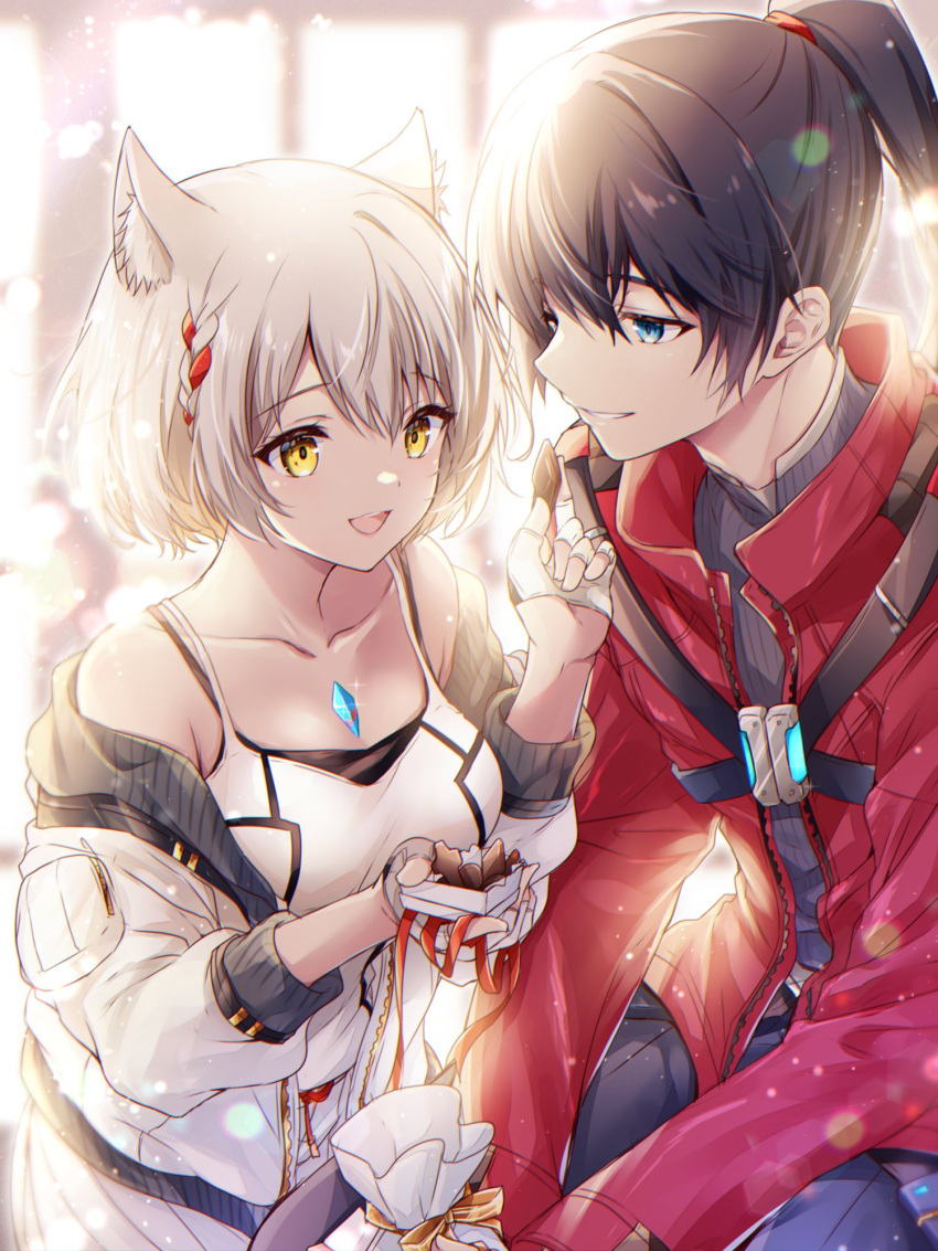 1boy 1girl animal_ear_fluff animal_ears black_hair blue_eyes breasts camisole cat_ears chest_jewel chocolate couple food grey_hair highres holding holding_chocolate holding_food jacket long_hair looking_at_viewer mio_(xenoblade) noah_(xenoblade) pantyhose ponytail red_jacket short_hair skirt smile tank_top ui_frara valentine white_camisole white_jacket white_skirt xenoblade_chronicles_(series) xenoblade_chronicles_3 yellow_eyes