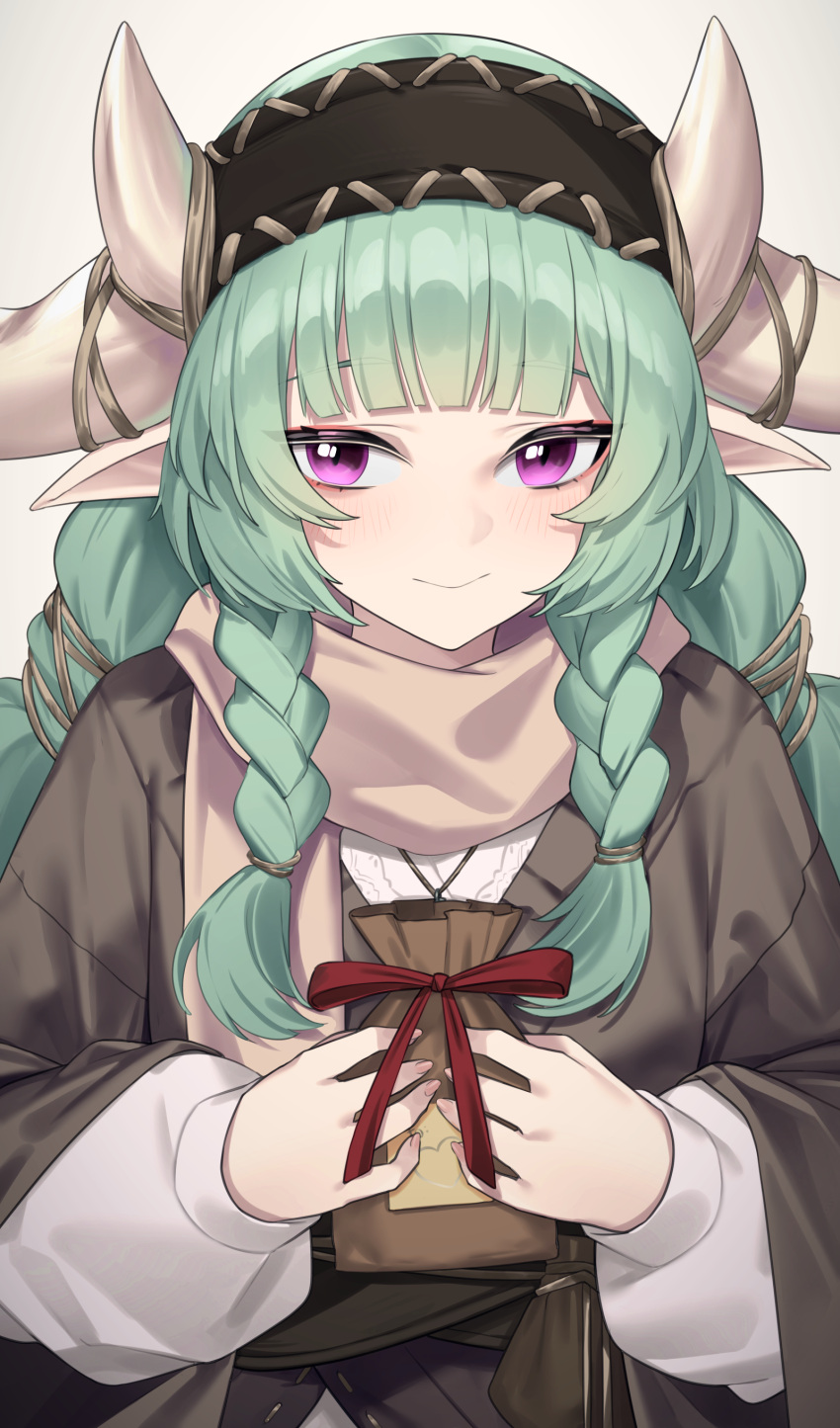 1girl absurdres aqua_hair blush braid brown_shirt closed_mouth english_commentary gift grey_background highres holding holding_gift horns long_hair long_sleeves looking_at_viewer original pointy_ears shirt simple_background smile solo straight-on twin_braids upper_body valentine violet_eyes wakamepiza