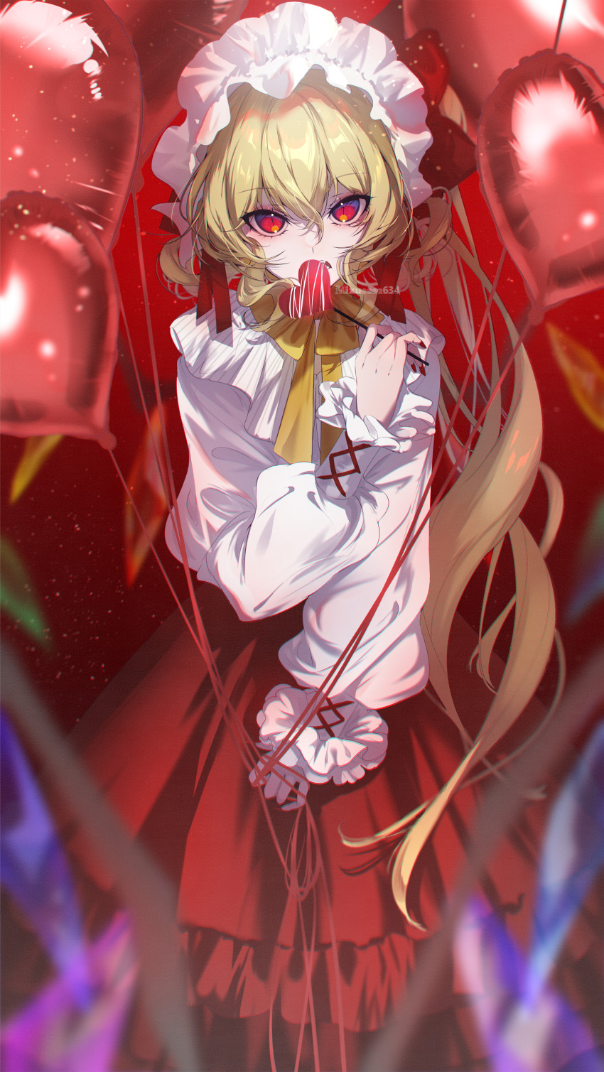 1girl absurdres balloon blonde_hair candy crystal dress fingernails flandre_scarlet food hat highres lollipop long_fingernails long_hair long_sleeves looking_at_viewer mob_cap nail_polish one_side_up open_mouth puffy_long_sleeves puffy_sleeves red_dress red_eyes red_nails sharp_fingernails shirt slit_pupils solo sumi_(u-kar1n-89m0) touhou white_headwear white_shirt wings