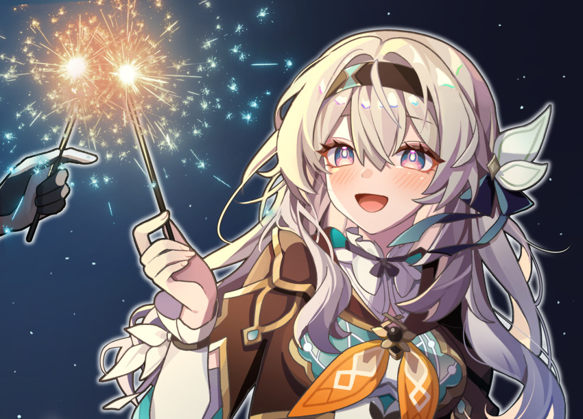 1girl 1other :d black_hairband black_jacket blue_background blue_eyes blue_pupils blue_ribbon blush bow collared_shirt firefly_(honkai:_star_rail) fireworks grey_hair hair_between_eyes hair_bow hair_intakes hair_ribbon hairband hand_up highres holding_fireworks honkai:_star_rail honkai_(series) jacket long_hair looking_at_viewer neckerchief open_mouth orange_neckerchief out_of_frame pink_eyes ribbon shirt sidelocks simple_background smile solo_focus sparkler tianqing_mw two-tone_eyes upper_body white_bow white_shirt