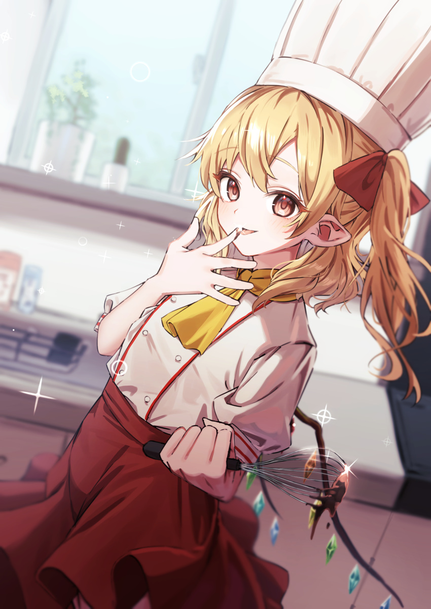 1girl absurdres blonde_hair blush chef_hat chocolate closed_mouth cowboy_shot crystal flandre_scarlet hat highres holding indoors long_hair looking_at_viewer one_side_up pointy_ears puffy_short_sleeves puffy_sleeves red_eyes red_skirt shirt short_sleeves skirt smile solo tongue tongue_out touhou valentine wanko_sora whisk white_headwear white_shirt wings