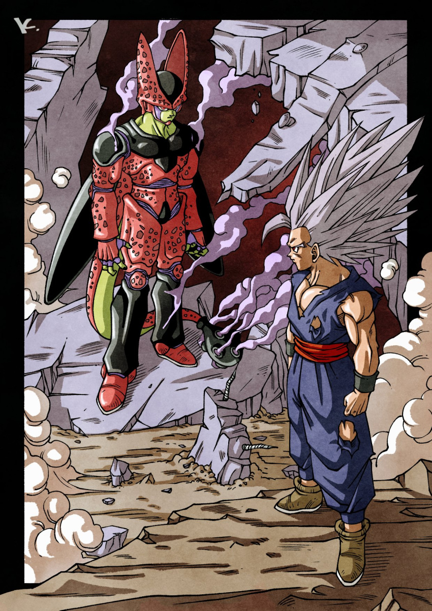 2boys alien biceps blue_jumpsuit boots brown_footwear cell_max dragon_ball dragon_ball_super dragon_ball_super_super_hero gohan_beast grey_hair highres jumpsuit kakeru_(dbskakeru) looking_at_another multiple_boys muscular muscular_male official_style red_eyes red_sash rock rubble sash sleeveless sleeveless_jumpsuit smoke son_gohan spiky_hair standing toriyama_akira_(style) torn_clothes torn_jumpsuit