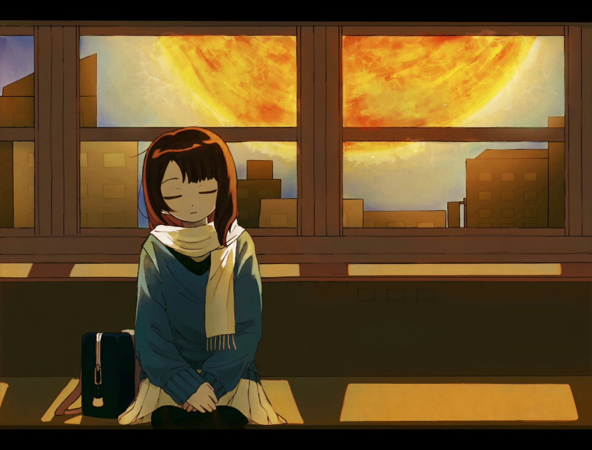 1girl apocalypse backlighting bag black_pantyhose blue_sweater cai_(cabbage_0j0) city closed_eyes closed_mouth cowboy_shot expressionless facing_viewer hands_on_lap highres indoors letterboxed long_hair long_sleeves meteor own_hands_together pantyhose pleated_skirt scarf school_bag shadow shuumatsu_no_otenki_(vocaloid) sitting skirt solo sweater vocaloid white_scarf white_skirt window
