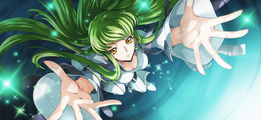 1girl arms_up artist_request blue_background blurry breasts c.c. code_geass code_geass:_lost_stories collarbone depth_of_field foreshortening from_above full_body game_cg green_hair highres long_hair long_sleeves looking_at_viewer looking_up medium_breasts non-web_source official_art parted_lips reaching reaching_towards_viewer shoes sidelocks solo sparkle spread_fingers straitjacket teeth very_long_hair white_footwear wide_sleeves yellow_eyes